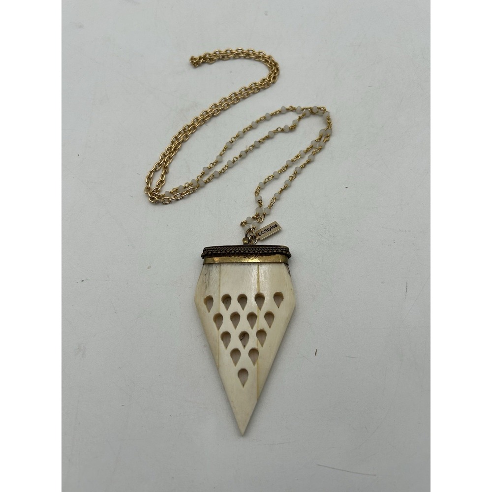 Vintage Carved Bovine Bone Pendant On Chain Hand Carved Natural Boho Large 3.25"